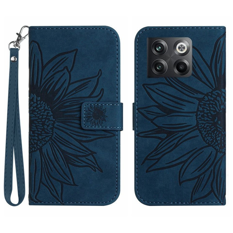 For OnePlus 10T 5G / Ace Pro 5G HT04 Sunflower Imprinted PU Leather Wallet Cover Skin-Touch Flip Stand Phone Drop-proof Case with Hand Strap - Dark Blue
