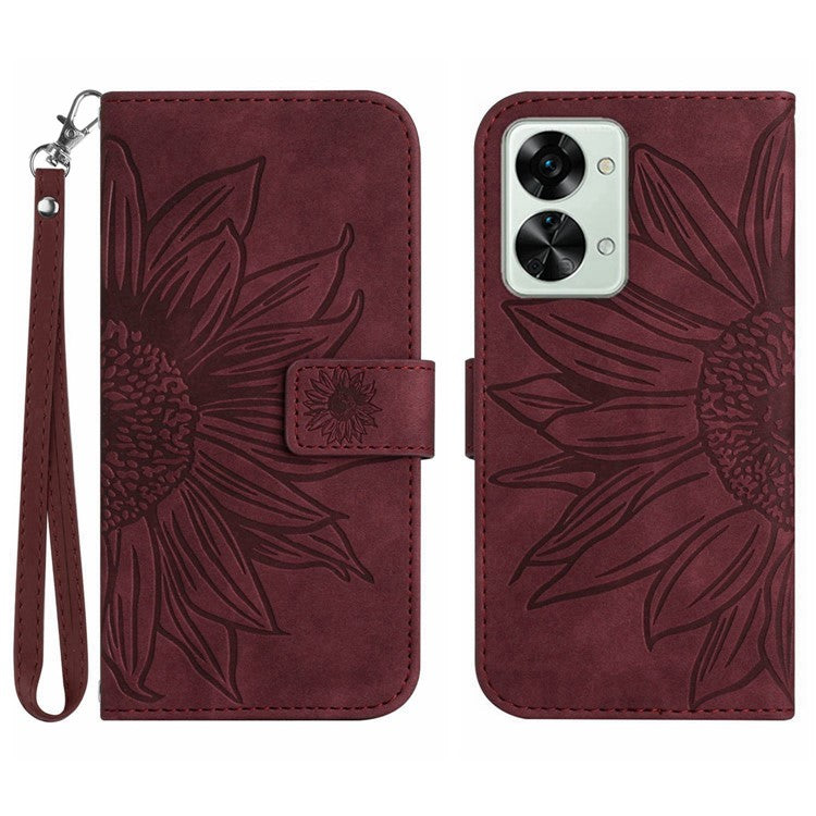 For OnePlus Nord 2T 5G HT04 Skin-Touch Imprinted Sunflower Phone Shockproof Case PU Leather Foldable Stand Wallet Cover with Hand Strap - Wine Red