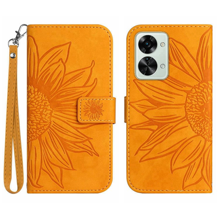 For OnePlus Nord 2T 5G HT04 Skin-Touch Imprinted Sunflower Phone Shockproof Case PU Leather Foldable Stand Wallet Cover with Hand Strap - Yellow