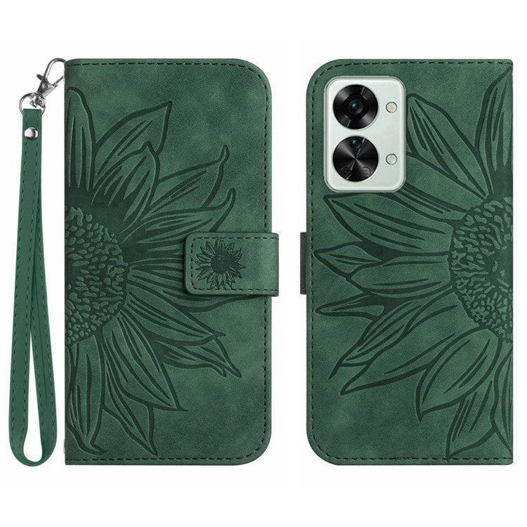 For OnePlus Nord 2T 5G HT04 Skin-Touch Imprinted Sunflower Phone Shockproof Case PU Leather Foldable Stand Wallet Cover with Hand Strap - Dark Green