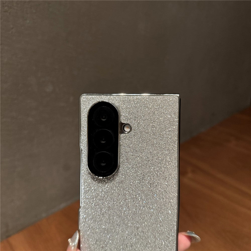 For Samsung Galaxy Z Fold7 5G Case Electroplated Glitter PU Leather + PC Protective Cover with Portable Ring Strap - Silver