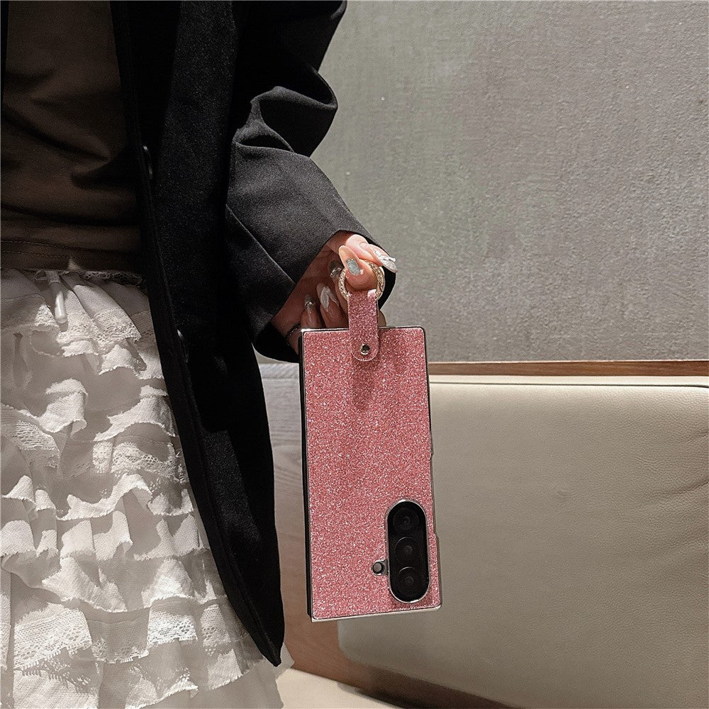 For Samsung Galaxy Z Fold7 5G Case Electroplated Glitter PU Leather + PC Protective Cover with Portable Ring Strap - Pink