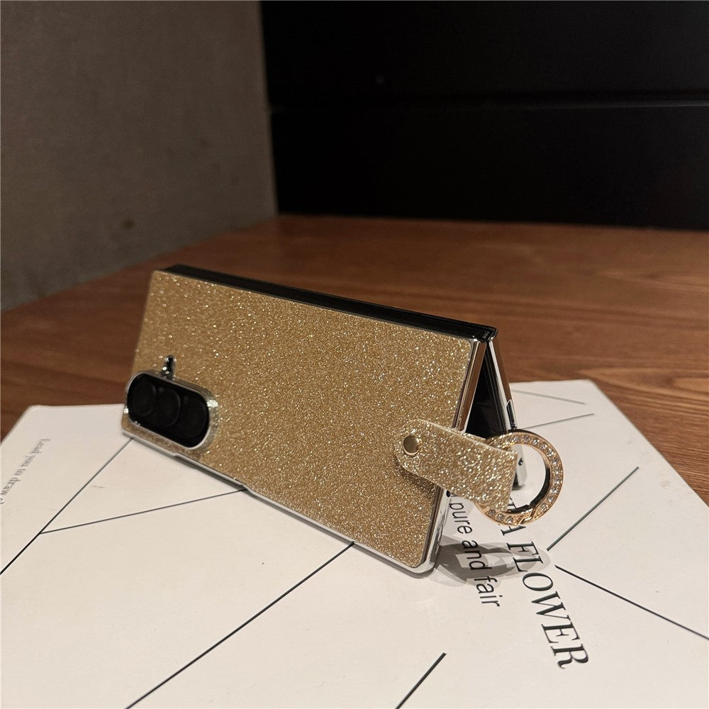For Samsung Galaxy Z Fold7 5G Case Electroplated Glitter PU Leather + PC Protective Cover with Portable Ring Strap - Gold