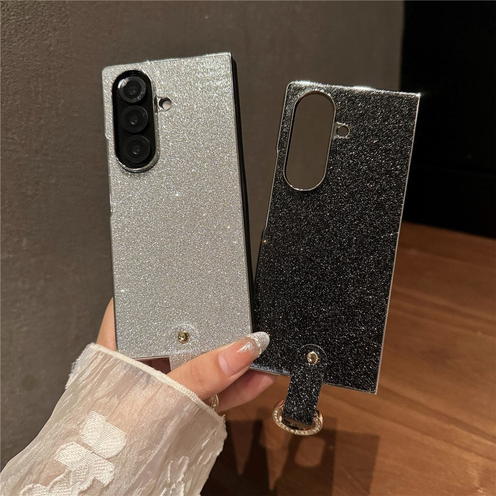 For Samsung Galaxy Z Fold7 5G Case Electroplated Glitter PU Leather + PC Protective Cover with Portable Ring Strap - Gold