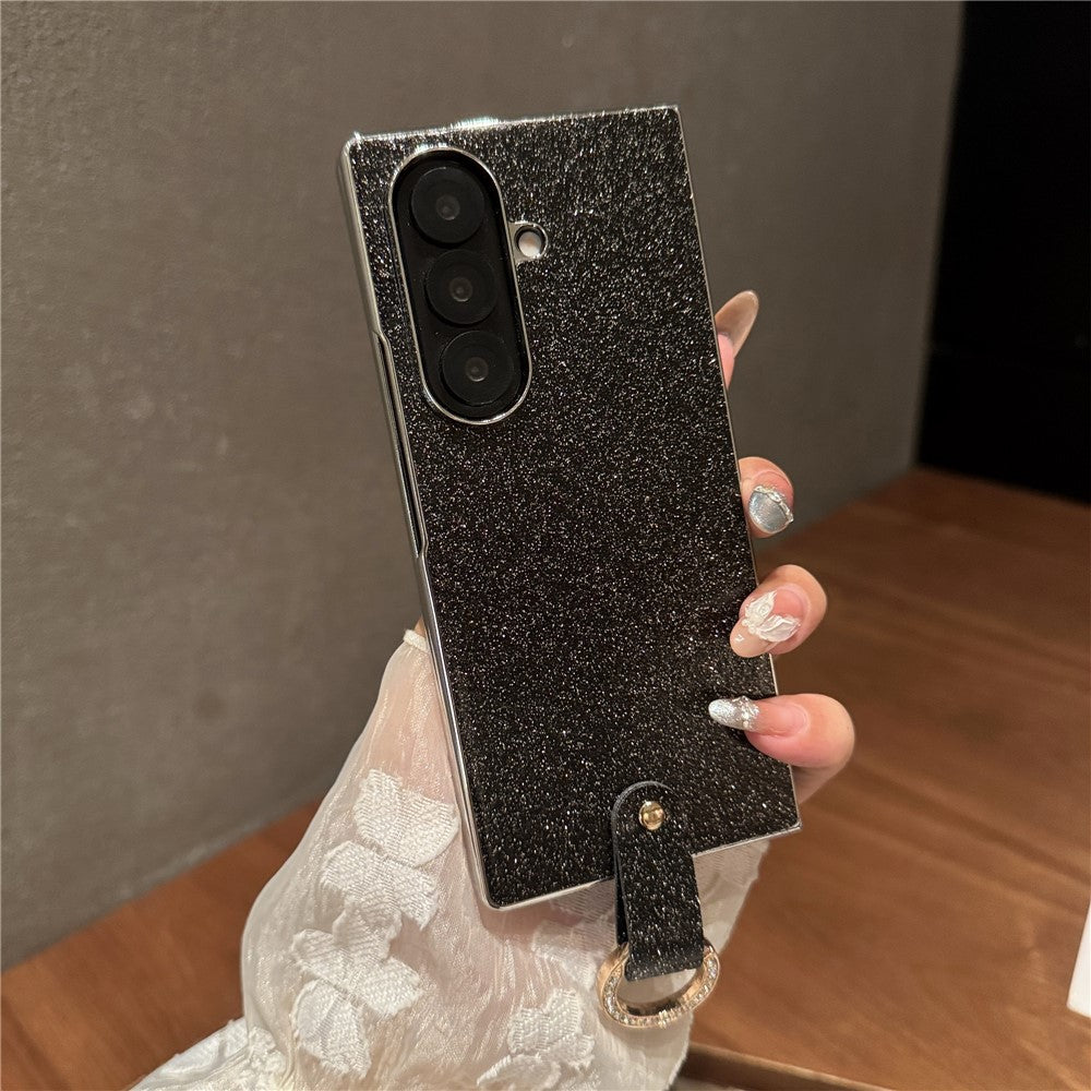 For Samsung Galaxy Z Fold7 5G Case Electroplated Glitter PU Leather + PC Protective Cover with Portable Ring Strap - Black