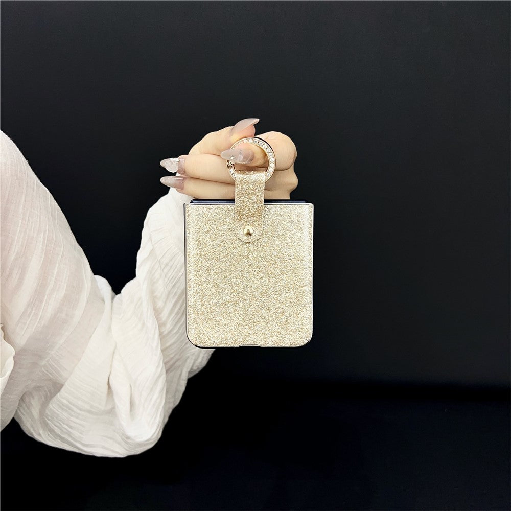 For Samsung Galaxy Z Flip7 5G Case Electroplated Glitter PU Leather + PC Protective Cover with Portable Ring Strap - Gold