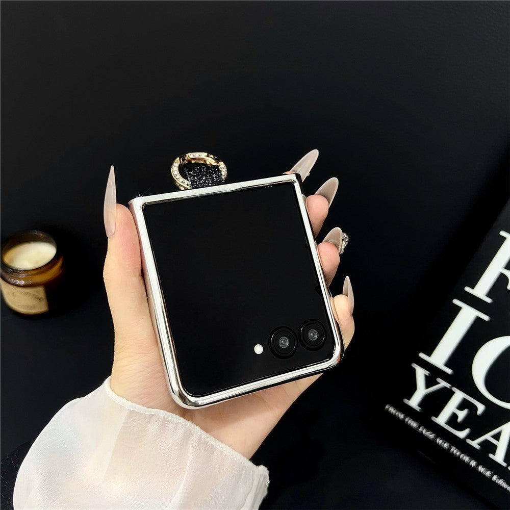For Samsung Galaxy Z Flip7 5G Case Electroplated Glitter PU Leather + PC Protective Cover with Portable Ring Strap - Gold