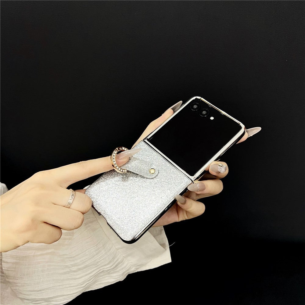 For Samsung Galaxy Z Flip7 5G Case Electroplated Glitter PU Leather + PC Protective Cover with Portable Ring Strap - Silver