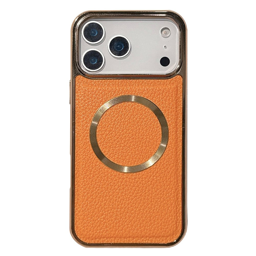 For iPhone 17 Pro Max Magnetic Case Electroplating Litchi Texture PU TPU PC Phone Back Cover - Orange