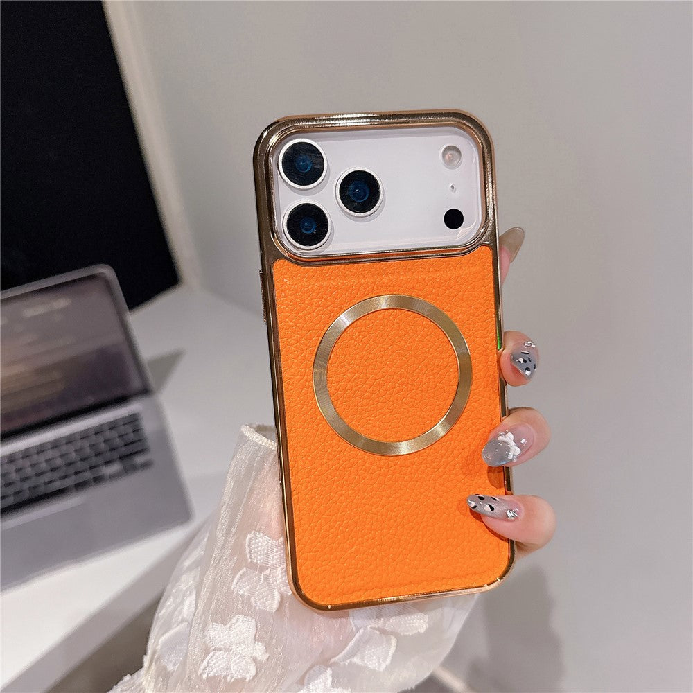 For iPhone 17 Pro Max Magnetic Case Electroplating Litchi Texture PU TPU PC Phone Back Cover - Orange