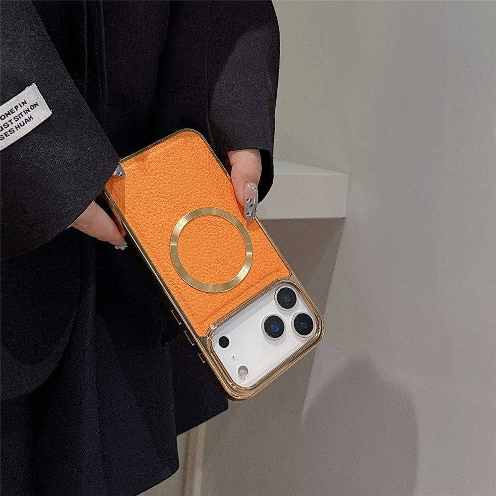 For iPhone 17 Pro Max Magnetic Case Electroplating Litchi Texture PU TPU PC Phone Back Cover - Orange