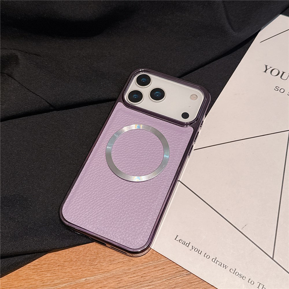 For iPhone 17 Pro Max Magnetic Case Electroplating Litchi Texture PU TPU PC Phone Back Cover - Purple