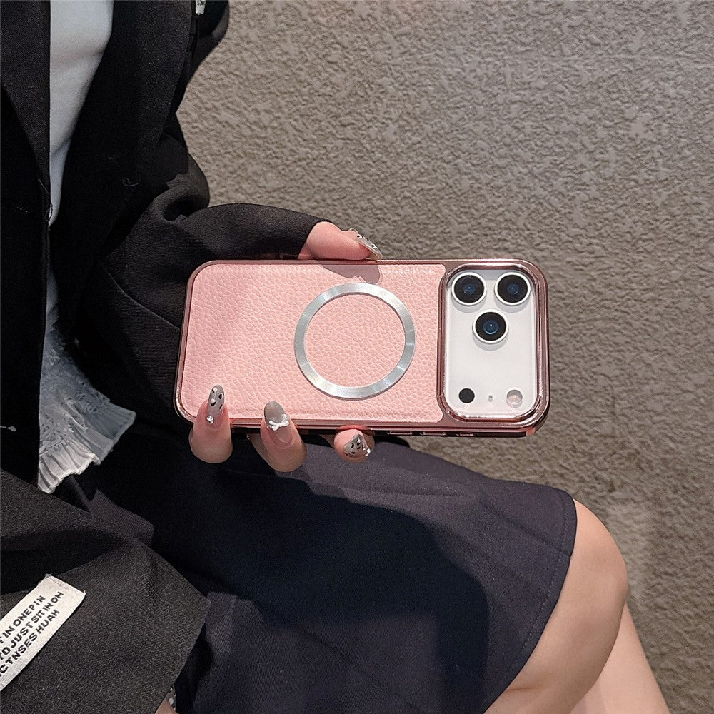 For iPhone 17 Pro Max Magnetic Case Electroplating Litchi Texture PU TPU PC Phone Back Cover - Pink