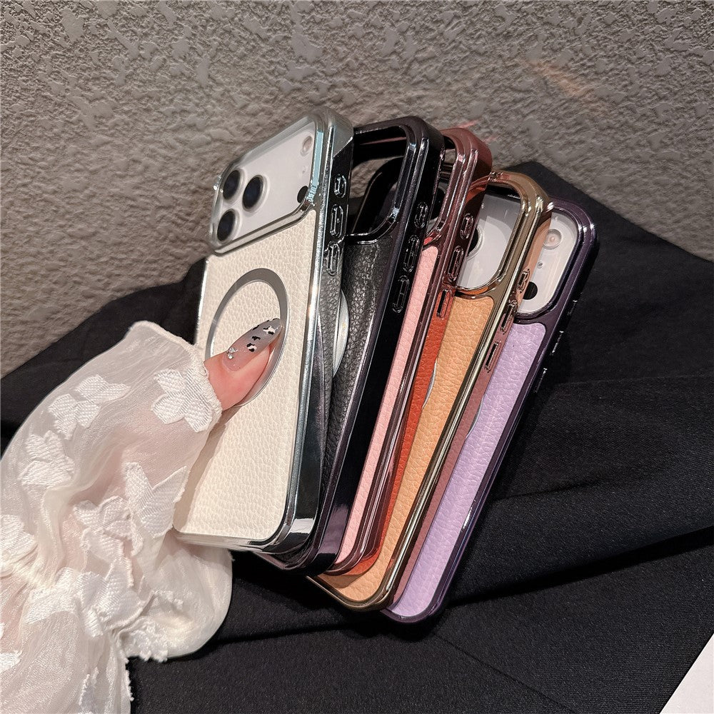 For iPhone 17 Pro Max Magnetic Case Electroplating Litchi Texture PU TPU PC Phone Back Cover - Pink