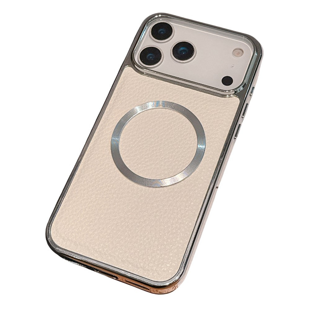 For iPhone 17 Pro Max Magnetic Case Electroplating Litchi Texture PU TPU PC Phone Back Cover - Silver