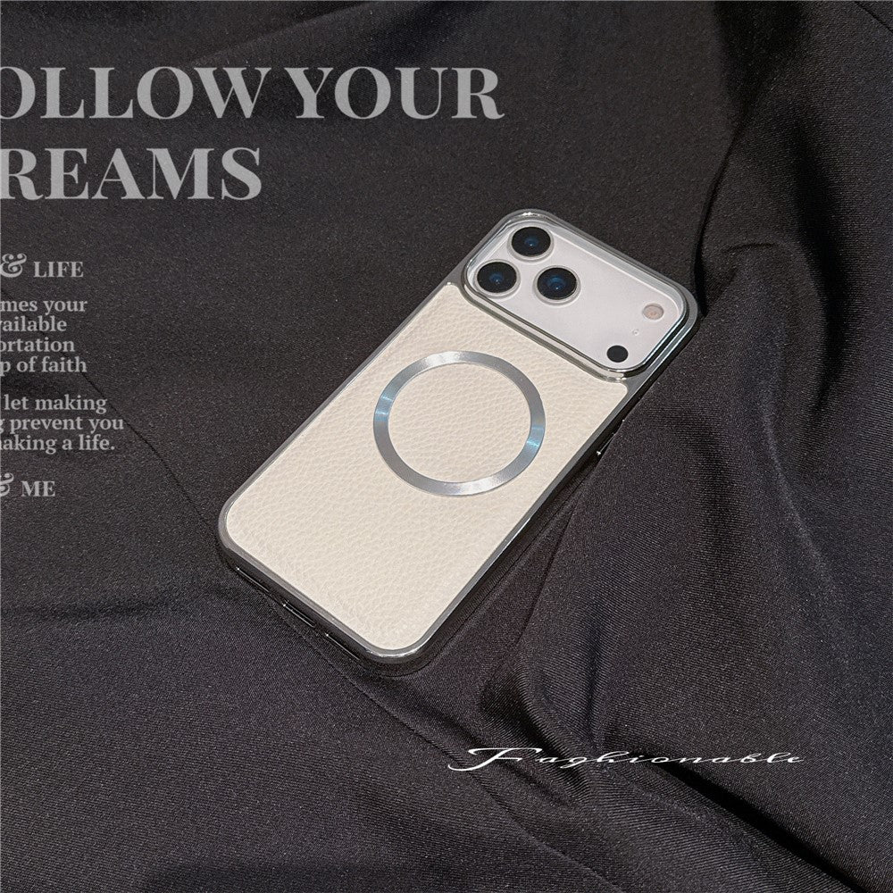 For iPhone 17 Pro Max Magnetic Case Electroplating Litchi Texture PU TPU PC Phone Back Cover - Silver