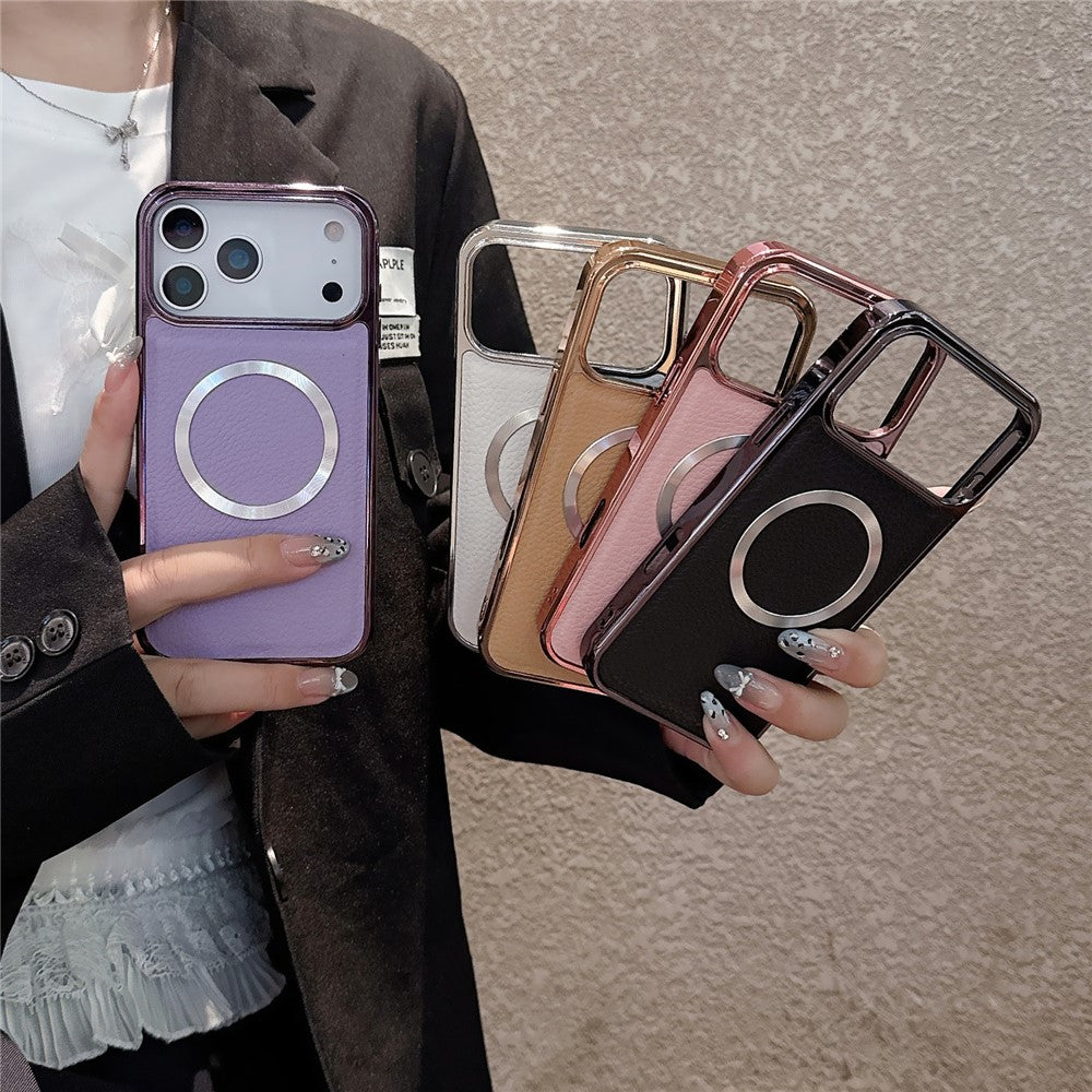 For iPhone 17 Pro Max Magnetic Case Electroplating Litchi Texture PU TPU PC Phone Back Cover - Silver