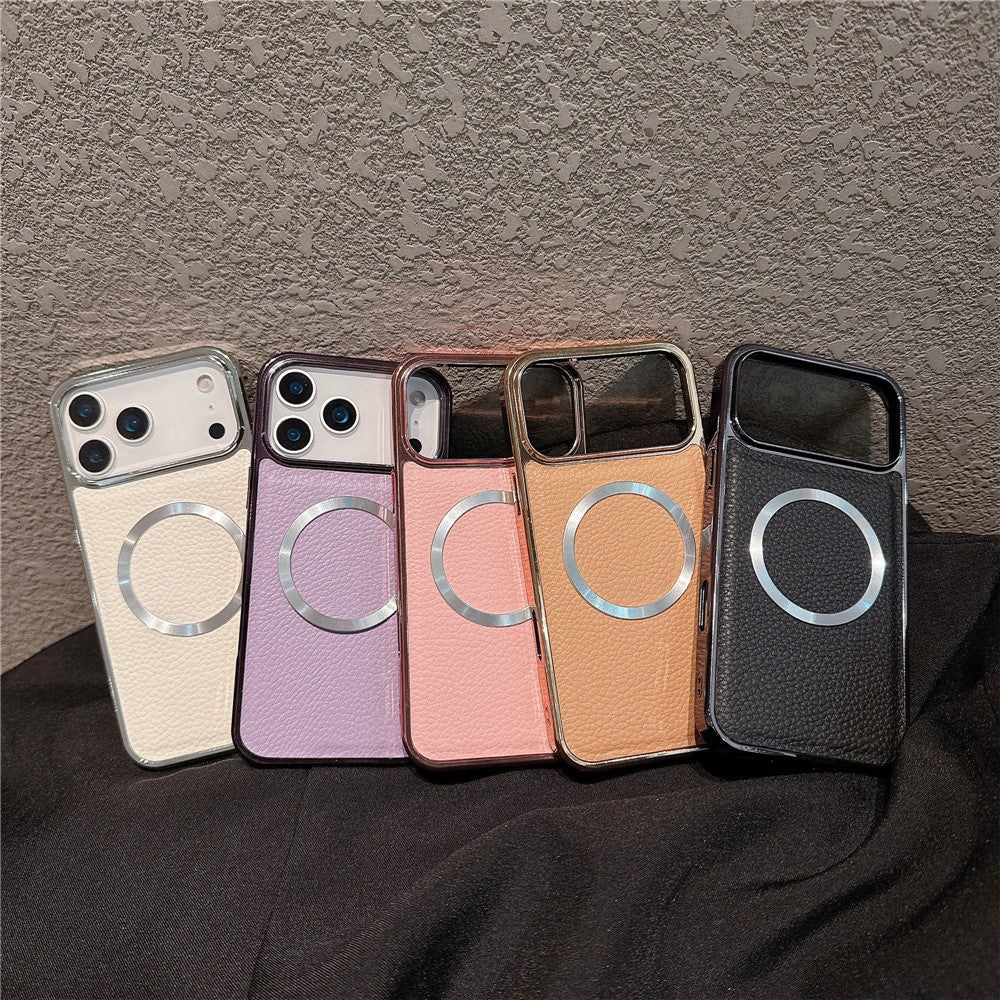 For iPhone 17 Pro Max Magnetic Case Electroplating Litchi Texture PU TPU PC Phone Back Cover - Silver