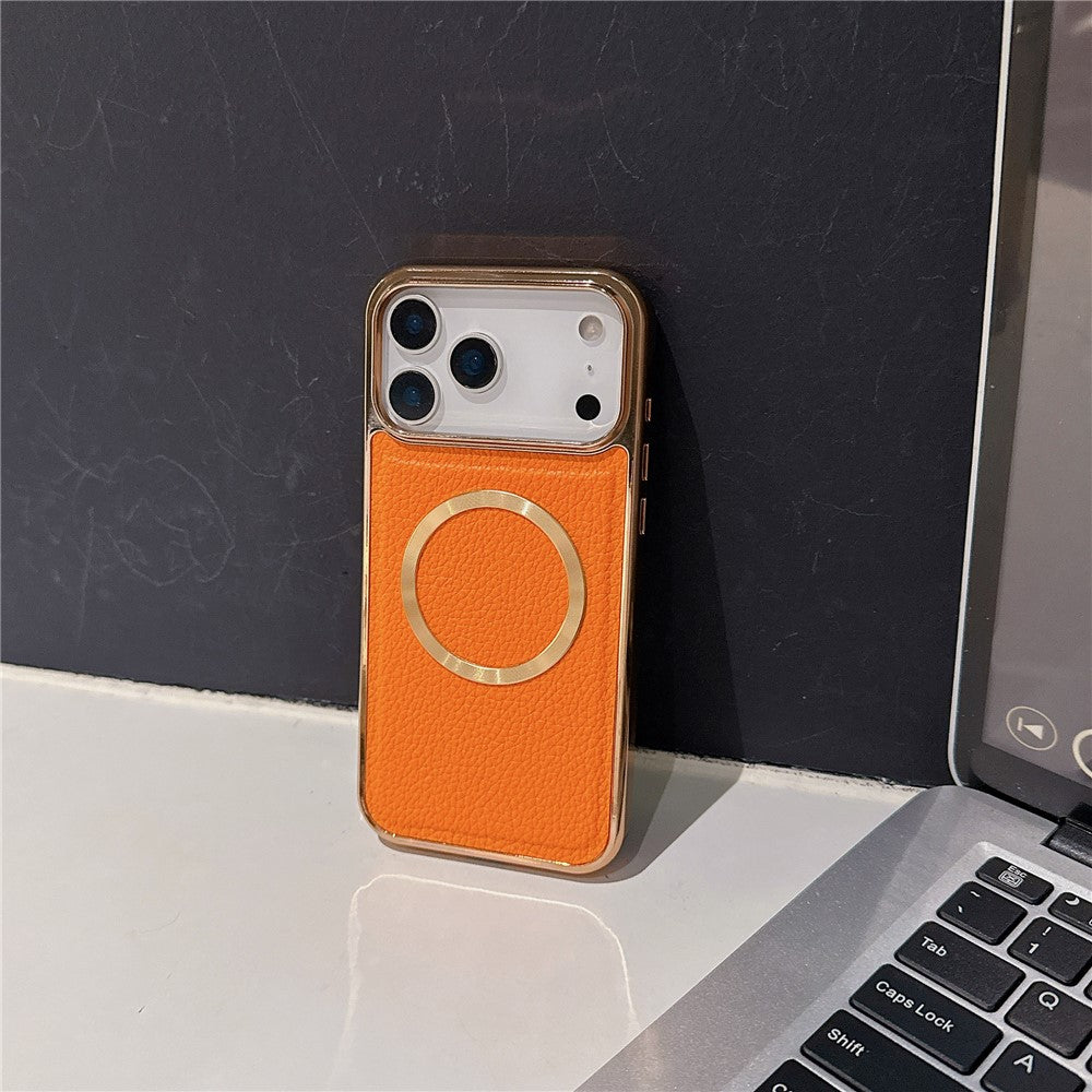 For iPhone 17 Pro Max Magnetic Case Electroplating Litchi Texture PU TPU PC Phone Back Cover - Gold