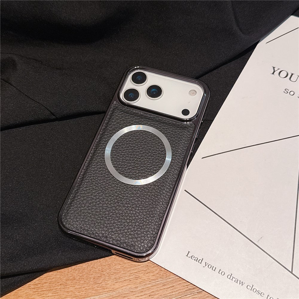 For iPhone 17 Pro Max Magnetic Case Electroplating Litchi Texture PU TPU PC Phone Back Cover - Black