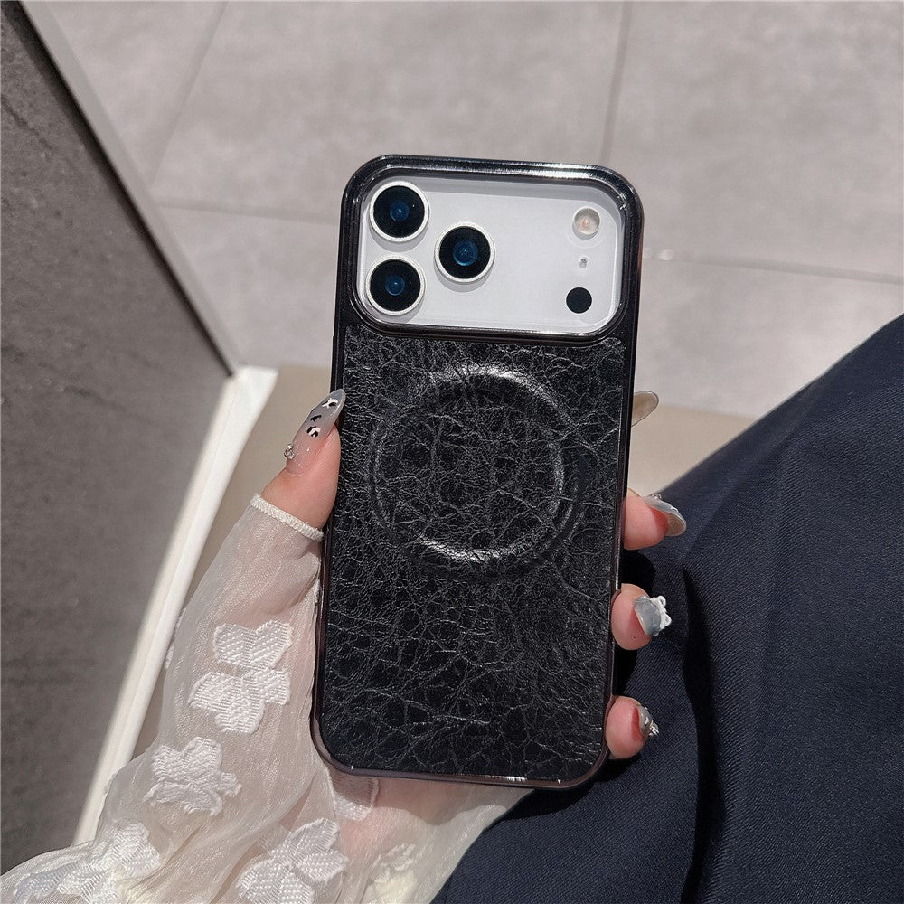 For iPhone 17 Pro Max Magnetic Case Electroplated Crackle Litchi Texture PU TPU PC Phone Back Cover - Black
