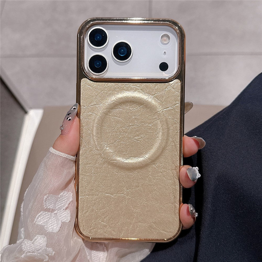 For iPhone 17 Pro Max Magnetic Case Electroplated Crackle Litchi Texture PU TPU PC Phone Back Cover - Gold