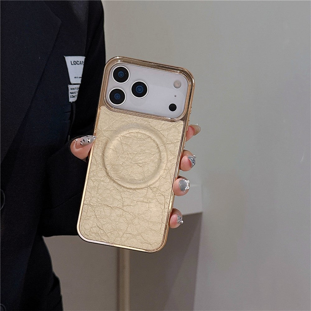 For iPhone 17 Pro Max Magnetic Case Electroplated Crackle Litchi Texture PU TPU PC Phone Back Cover - Gold