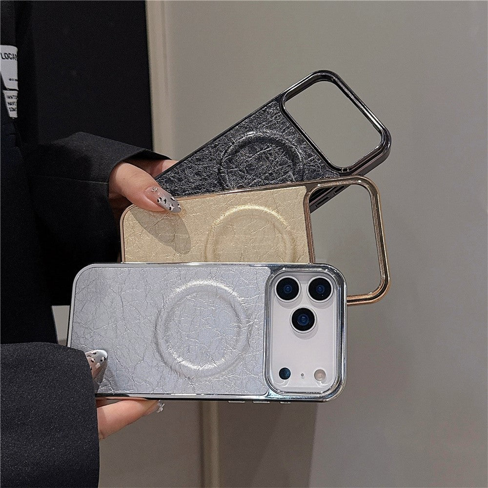 For iPhone 17 Pro Max Magnetic Case Electroplated Crackle Litchi Texture PU TPU PC Phone Back Cover - Gold