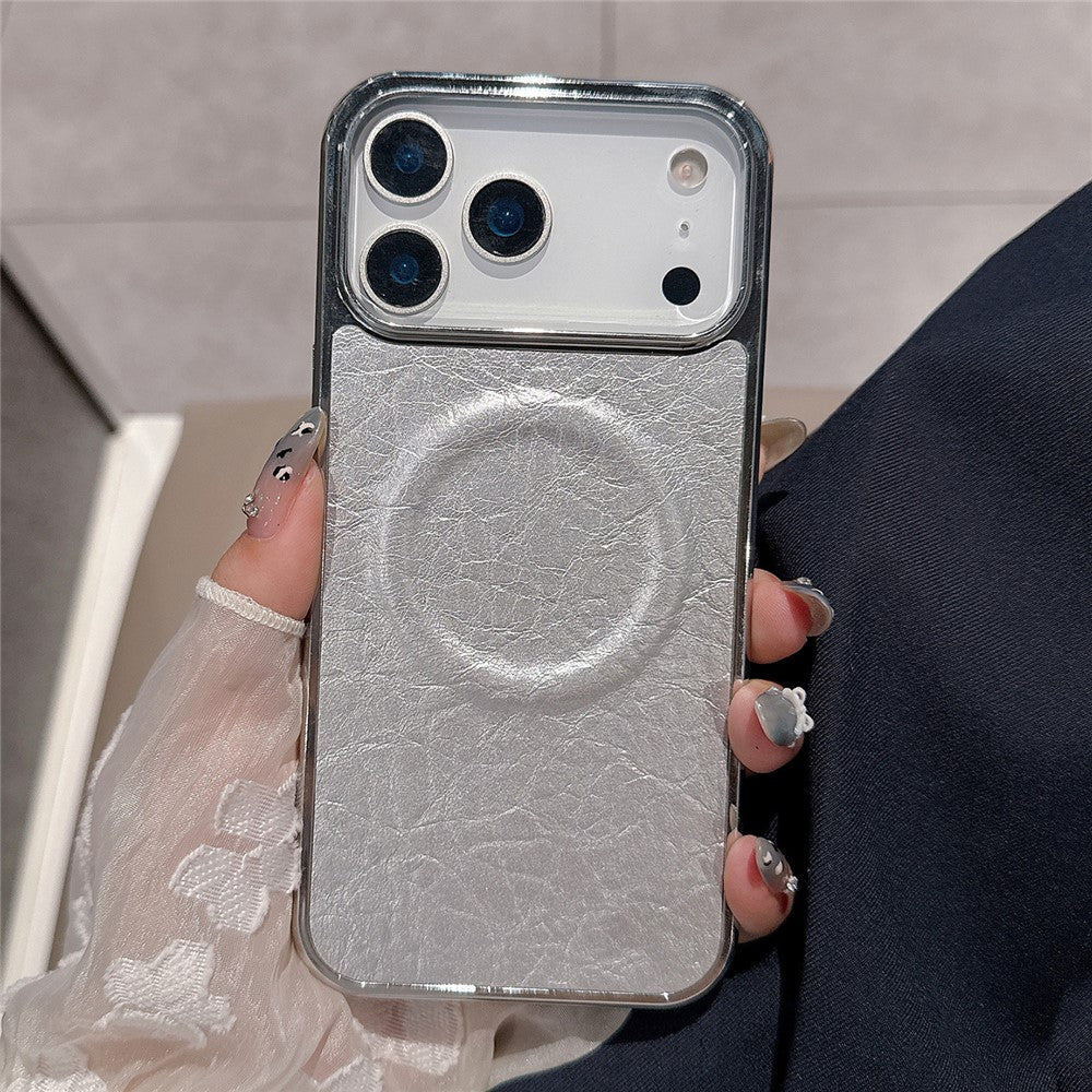 For iPhone 17 Pro Max Magnetic Case Electroplated Crackle Litchi Texture PU TPU PC Phone Back Cover - Silver