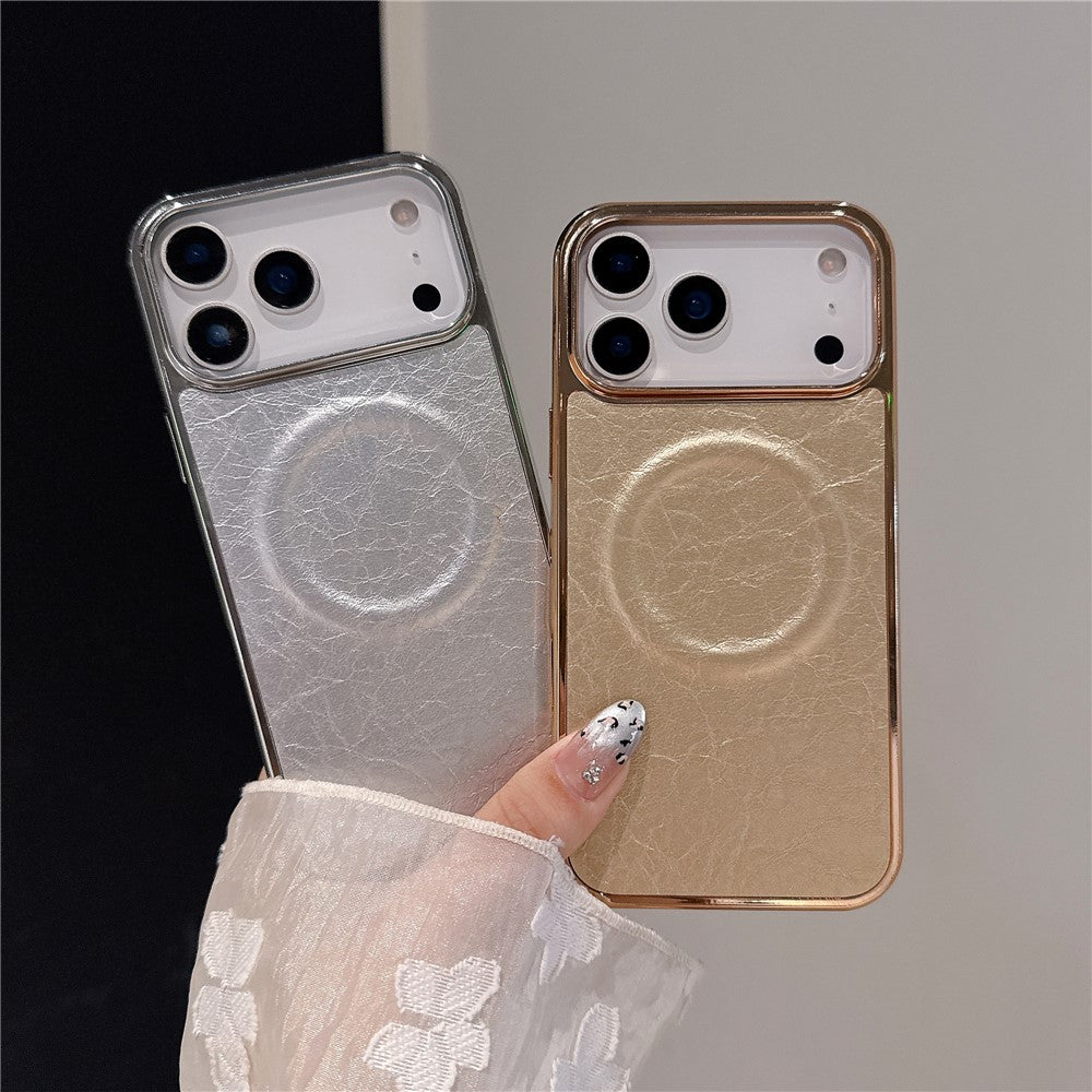 For iPhone 17 Pro Max Magnetic Case Electroplated Crackle Litchi Texture PU TPU PC Phone Back Cover - Silver