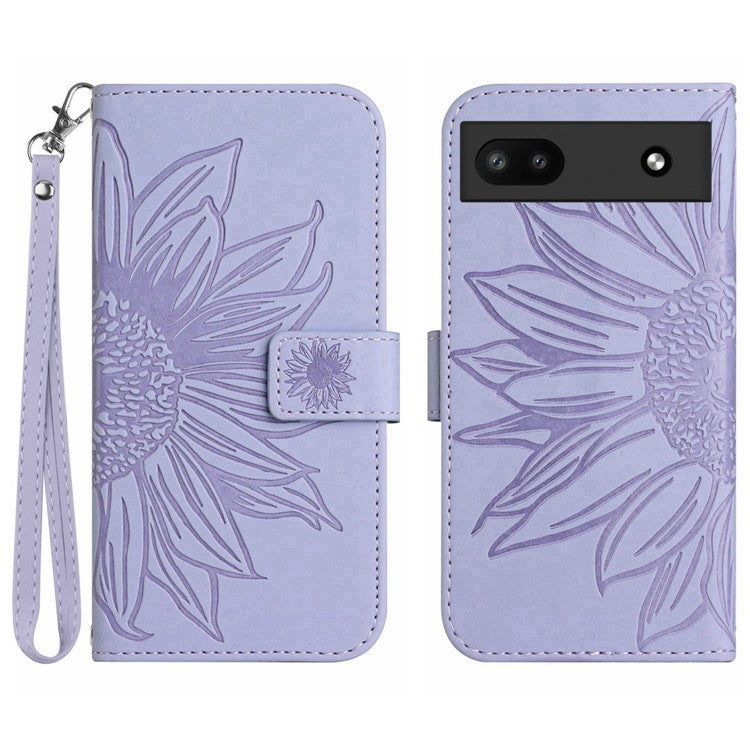 For Google Pixel 6a HT04 Mobile Phone Case, Drop Prevention Skin-Touch PU Leather Imprinted Sunflower Stand Wallet Cover with Hand Strap - Light Purple