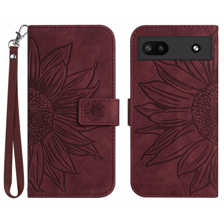 For Google Pixel 6a HT04 Mobile Phone Case, Drop Prevention Skin-Touch PU Leather Imprinted Sunflower Stand Wallet Cover with Hand Strap - Wine Red