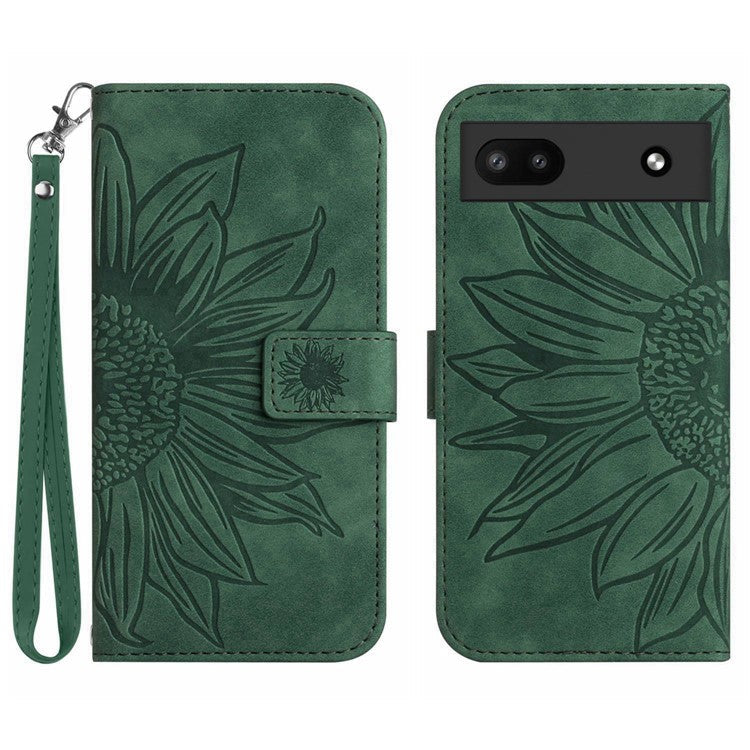 For Google Pixel 6a HT04 Mobile Phone Case, Drop Prevention Skin-Touch PU Leather Imprinted Sunflower Stand Wallet Cover with Hand Strap - Dark Green