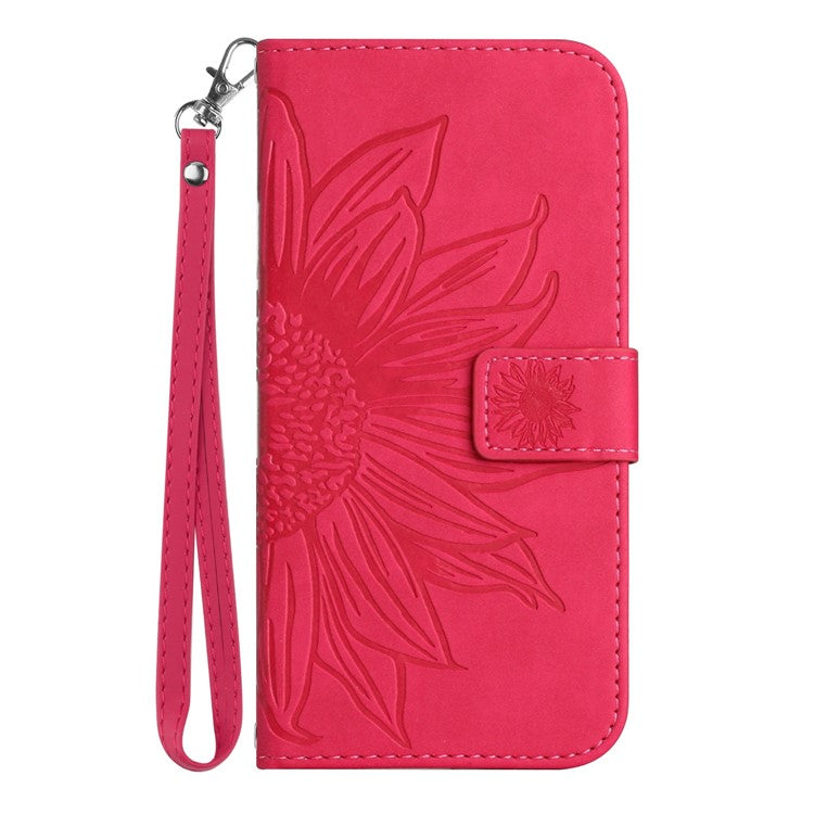 For Google Pixel 6a HT04 Mobile Phone Case, Drop Prevention Skin-Touch PU Leather Imprinted Sunflower Stand Wallet Cover with Hand Strap - Rose