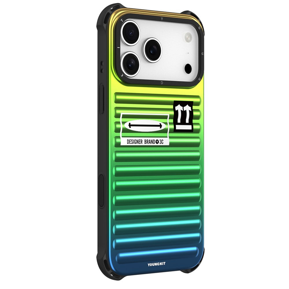 YOUNGKIT For iPhone 17 Pro Max Case Suitcase Style TPU + Aluminium Alloy Laser Gradient Phone Cover - Orange / Green / Blue