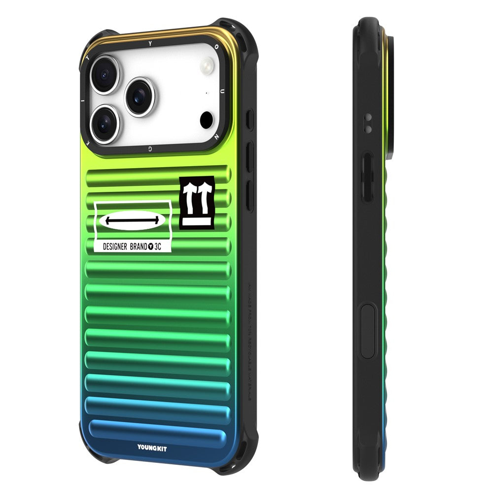 YOUNGKIT For iPhone 17 Pro Max Case Suitcase Style TPU + Aluminium Alloy Laser Gradient Phone Cover - Orange / Green / Blue