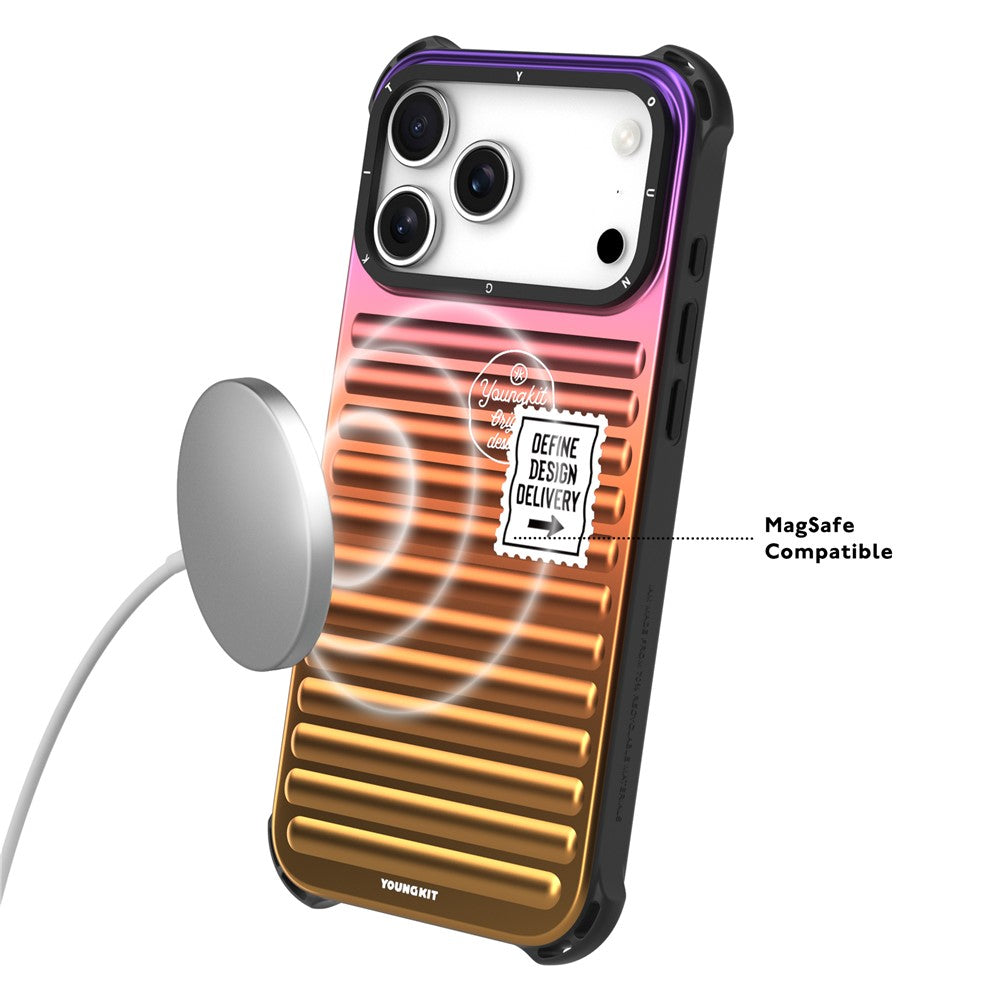 YOUNGKIT For iPhone 17 Pro Max Case Suitcase Style TPU + Aluminium Alloy Laser Gradient Phone Cover - Orange / Green / Blue