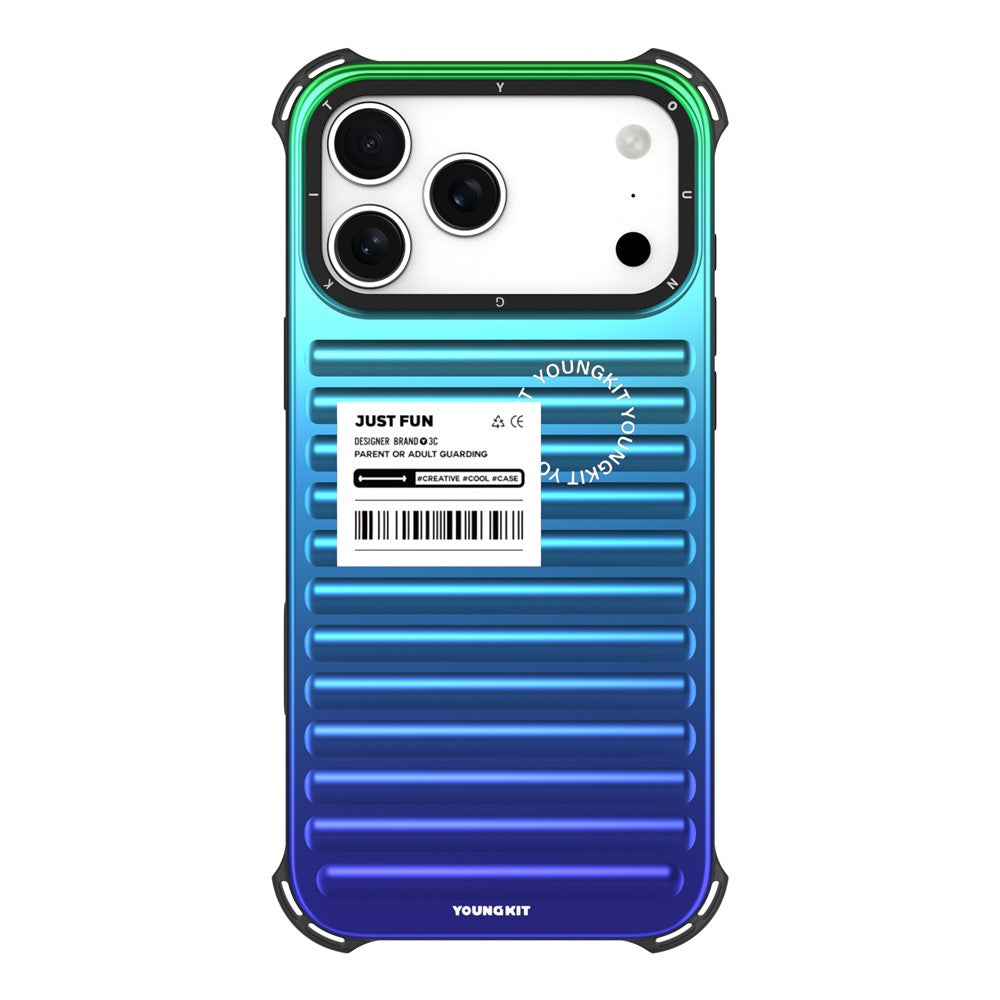 YOUNGKIT For iPhone 17 Pro Max Case Suitcase Style TPU + Aluminium Alloy Laser Gradient Phone Cover - Dark Green / Dark Blue / Purple