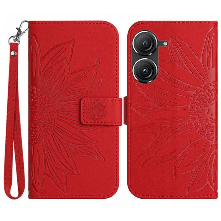 For Asus Zenfone 9 5G HT04 Imprinted Sunflower Wallet Case Skin-Touch PU Leather Stand Feature Flip Phone Cover with Hand Strap - Red