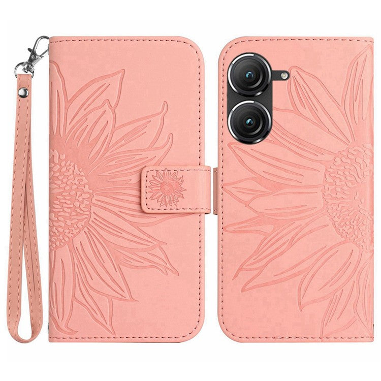 For Asus Zenfone 9 5G HT04 Imprinted Sunflower Wallet Case Skin-Touch PU Leather Stand Feature Flip Phone Cover with Hand Strap - Light Pink