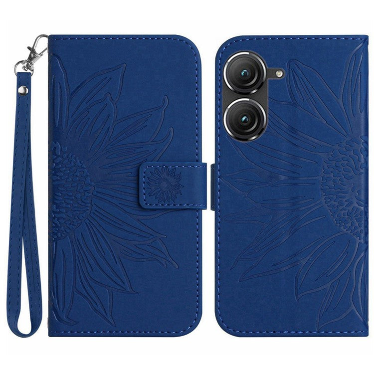 For Asus Zenfone 9 5G HT04 Imprinted Sunflower Wallet Case Skin-Touch PU Leather Stand Feature Flip Phone Cover with Hand Strap - Sapphire