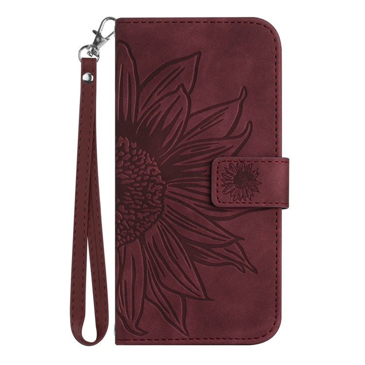 For Asus Zenfone 9 5G HT04 Imprinted Sunflower Wallet Case Skin-Touch PU Leather Stand Feature Flip Phone Cover with Hand Strap - Wine Red