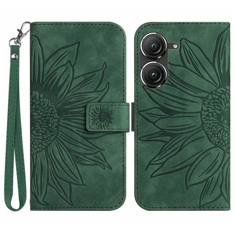 For Asus Zenfone 9 5G HT04 Imprinted Sunflower Wallet Case Skin-Touch PU Leather Stand Feature Flip Phone Cover with Hand Strap - Dark Green