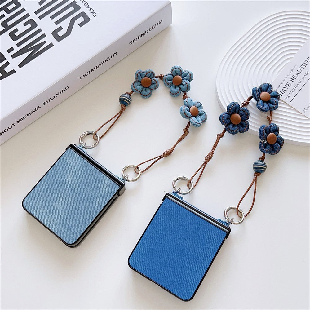For Samsung Galaxy Z Flip7 5G Case Jeans Cloth Texture TPU + PC Phone Cover with Floral Strap - Dark Blue