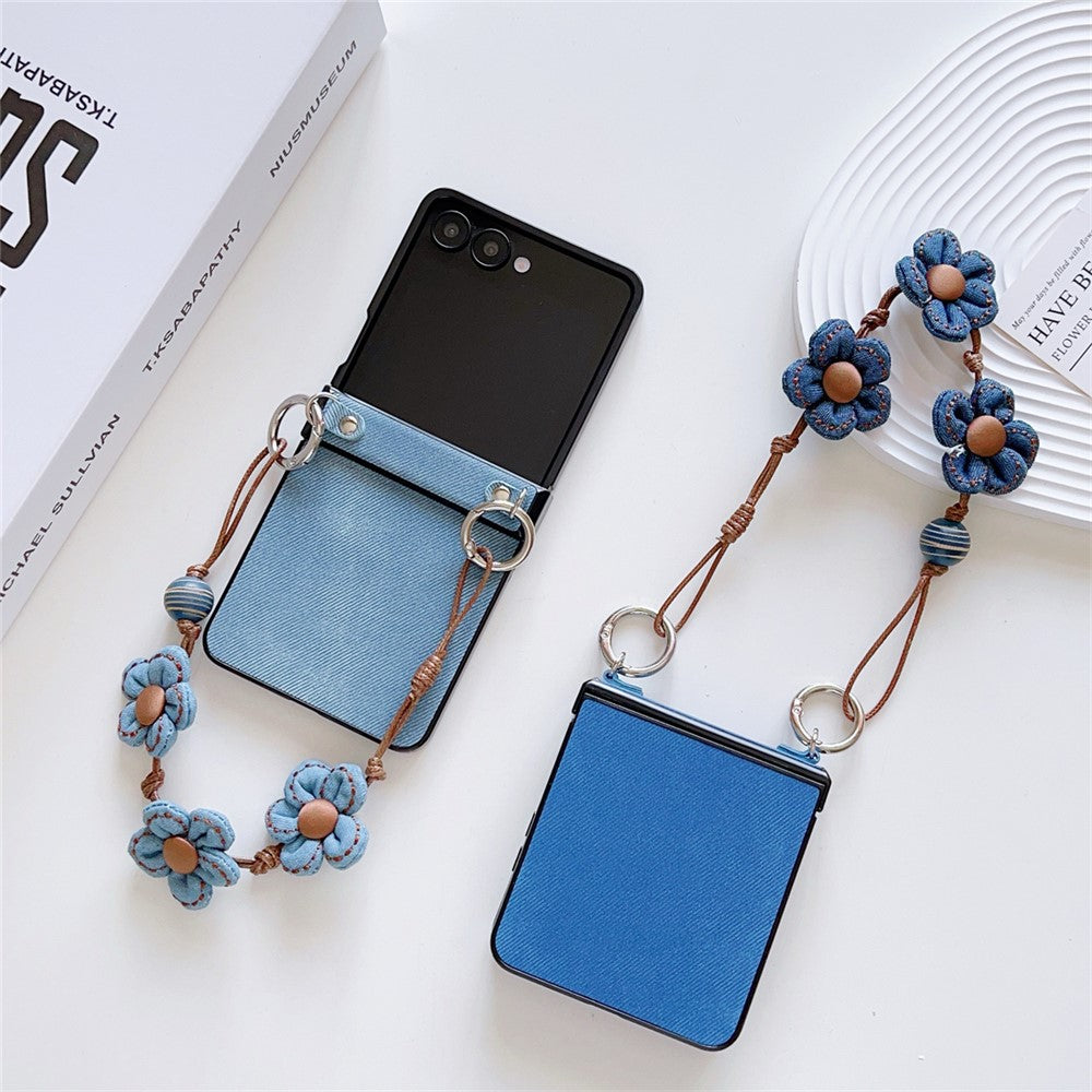 For Samsung Galaxy Z Flip7 5G Case Jeans Cloth Texture TPU + PC Phone Cover with Floral Strap - Dark Blue