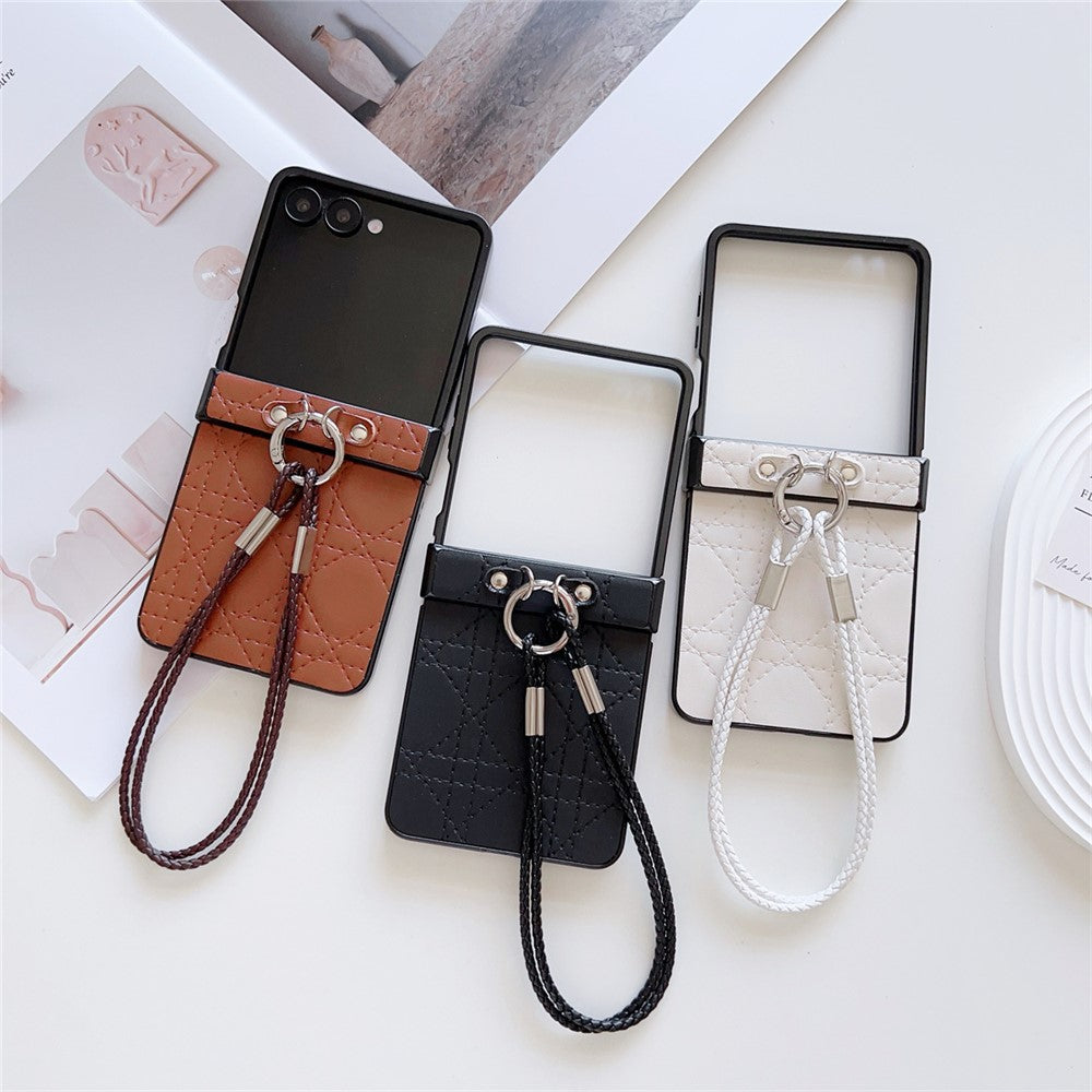 For Samsung Galaxy Z Flip7 5G Case Imprinted Rhombus TPU + PC Phone Cover with Wrist Strap - Brown