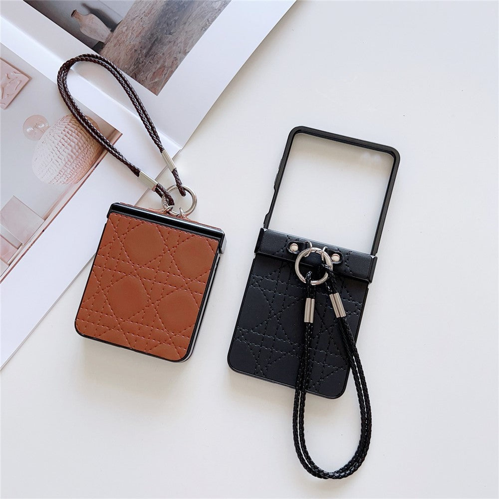 For Samsung Galaxy Z Flip7 5G Case Imprinted Rhombus TPU + PC Phone Cover with Wrist Strap - Black