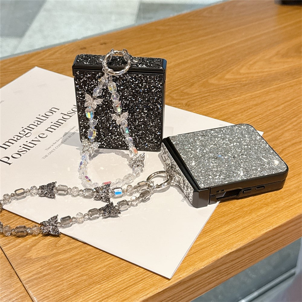 For Samsung Galaxy Z Flip7 5G Case Glitter Rhinestone TPU PC Phone Cover with Butterfly Wrist Strap - Black