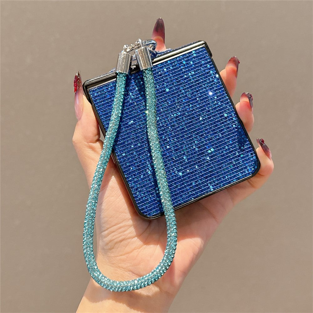 For Samsung Galaxy Z Flip7 5G Case Glitter TPU + PC Phone Cover with Rhinestone Wrist Strap - Blue