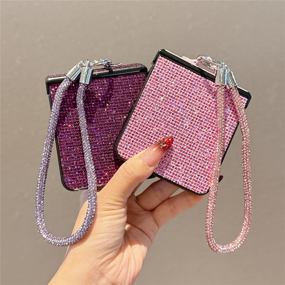 For Samsung Galaxy Z Flip7 5G Case Glitter TPU + PC Phone Cover with Rhinestone Wrist Strap - Silver